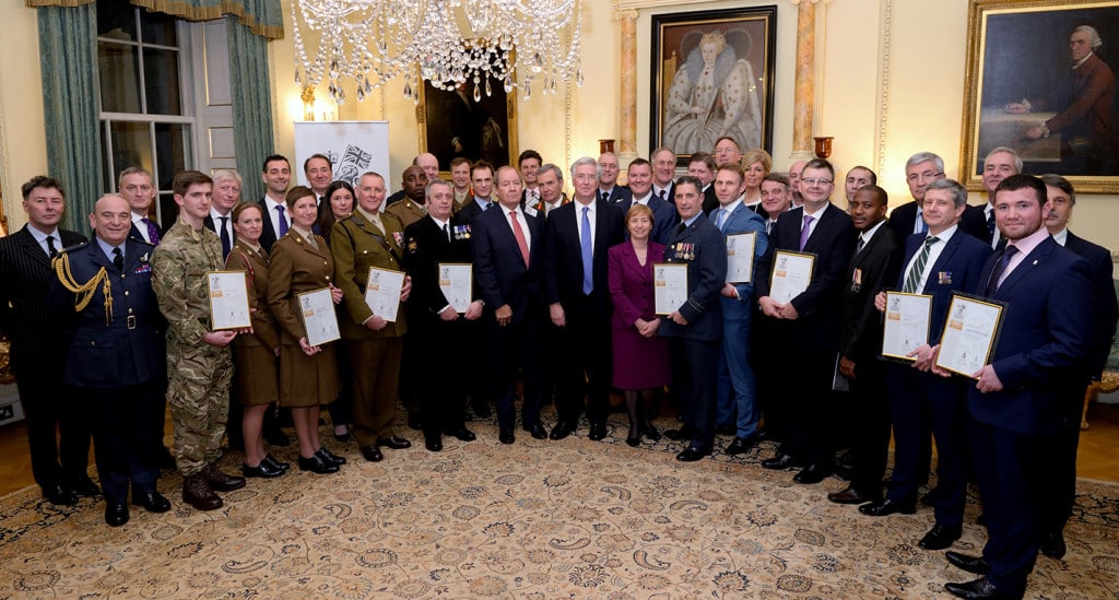 2015 Employer Recognition Scheme Gold Awards Presentation at No 10 Downing Street, 14th January 2016. Group photo with the Secretary of State for Defence Michael Fallon