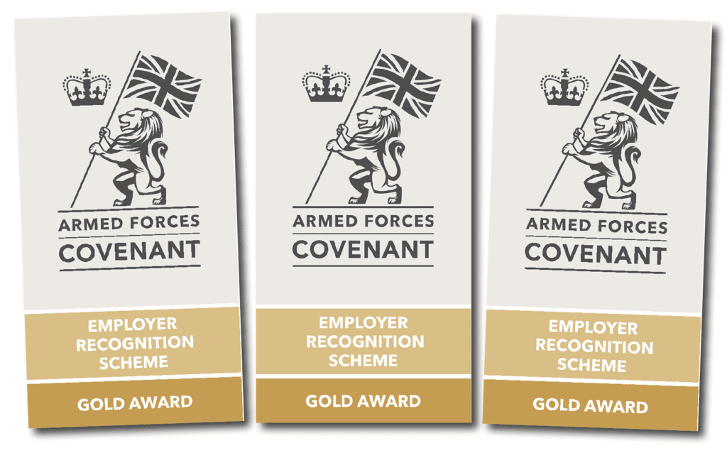 3 Employer recognition Gold Award graphics showing armed forces covenant logo with crown and lion holding a british flag