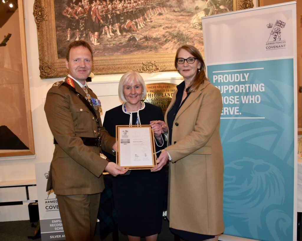 General Officer Scotland with NHS Forth Valley Chair Janie McCusker (right) and Chief Executive Cathie Cowan.