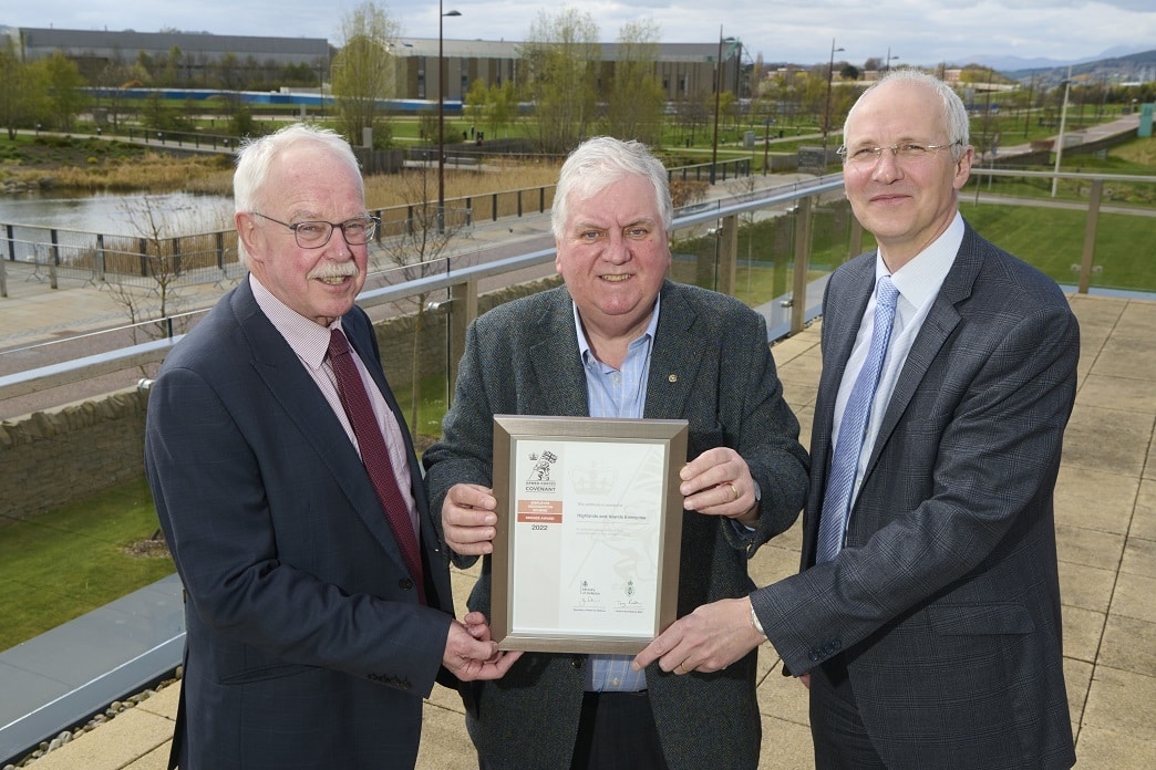 HIE Bronze Award. From left Alistair Dodds, (Chair), Roy McLellan (HRFCA) and Stuart Black (Chief Executive).