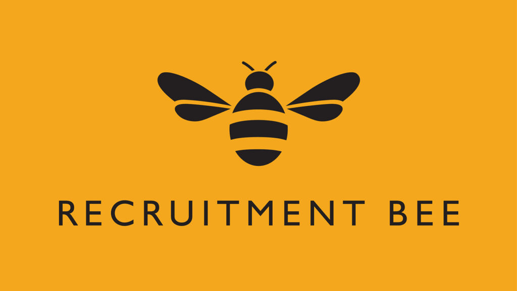 Yellow background with black bee logo 