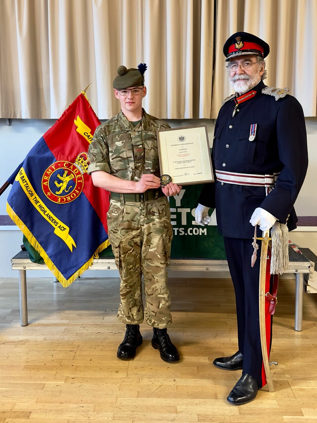 Cpl Keanu Jones receiving his Lord-Lieutenant's Cadet Certificate and Badge.