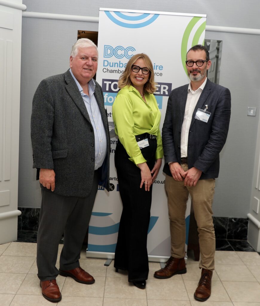 New Dunbartonshire Chamber of Commerce President Mary Ann Smith with Highland RFCA REED Roy McLellan (left) and Chamber Chief Executive Damon Scott.