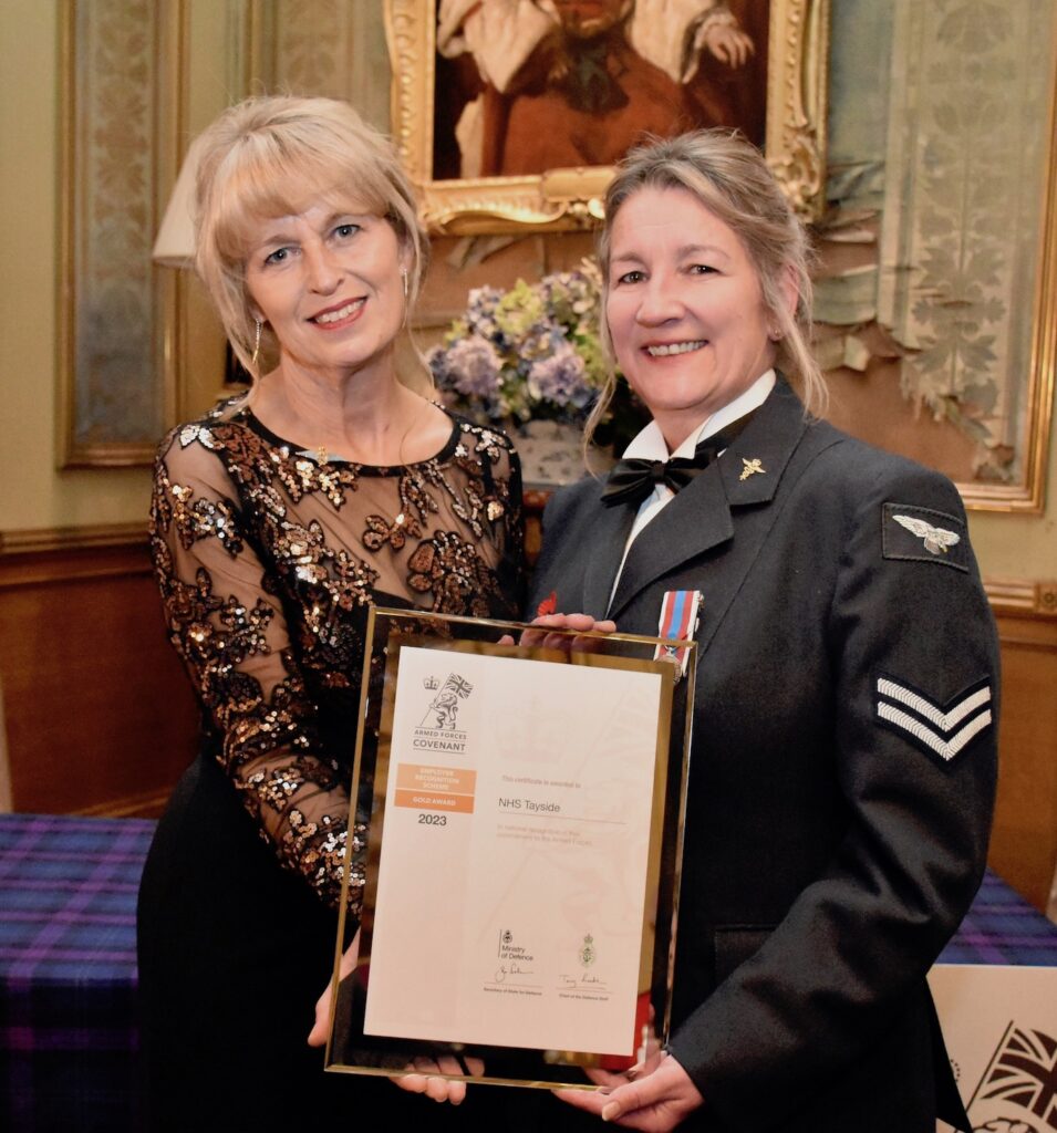 Sarah Dickie, formerly the Armed Forces Champion at NHS Tayside with NHS Tayside RAF Reservist Cpl Shona Kennedy-Smith (612 Squadron).