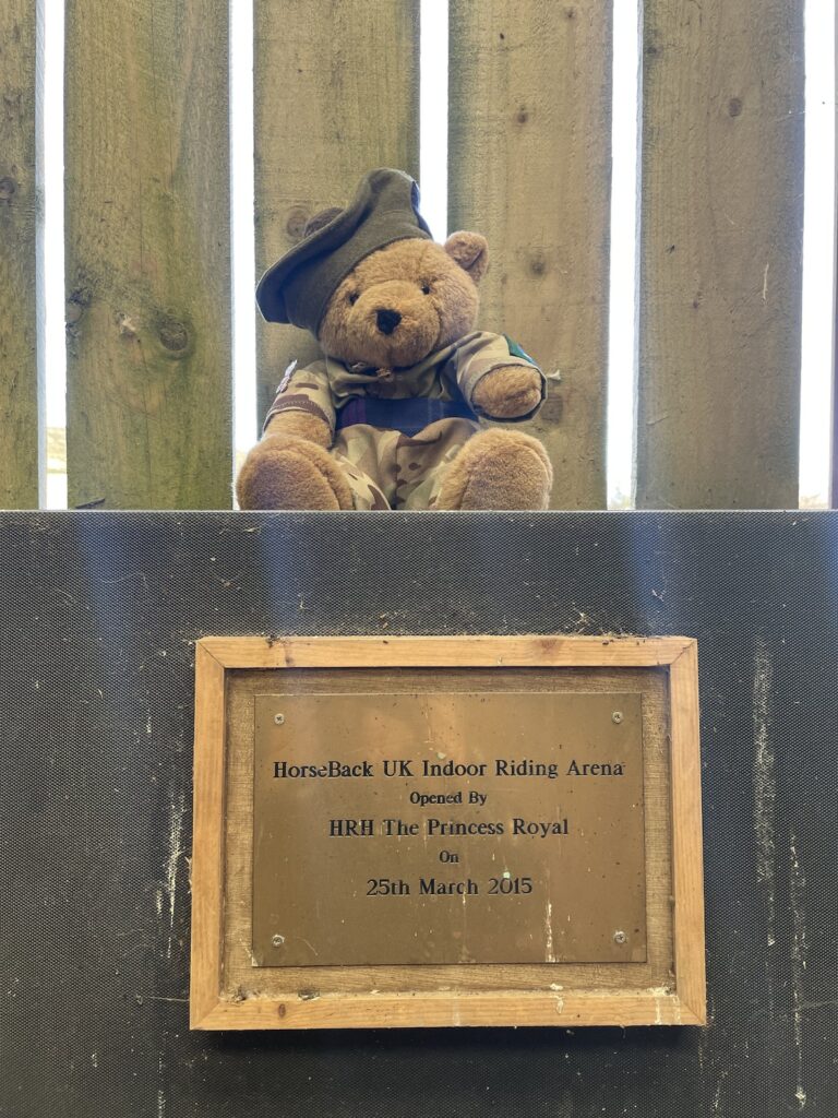Teddy bear mascot on top of plaque