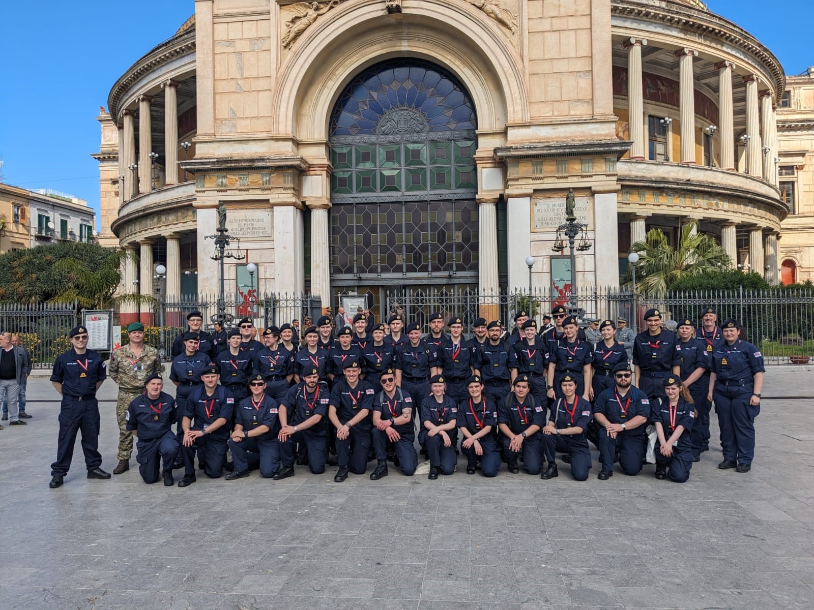 Group of Officer Cadets outside a building in Palermo, Sicily.
