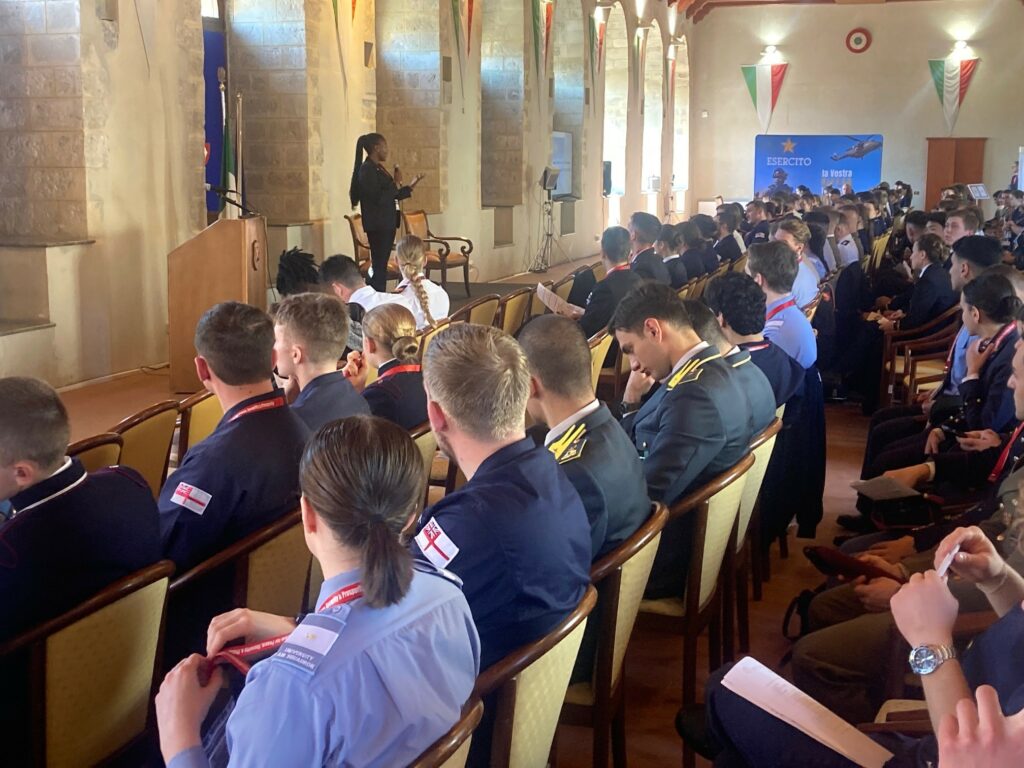Military cadets watching and listening to a presentation at the International Forum on Peace, Security and Prosperity.