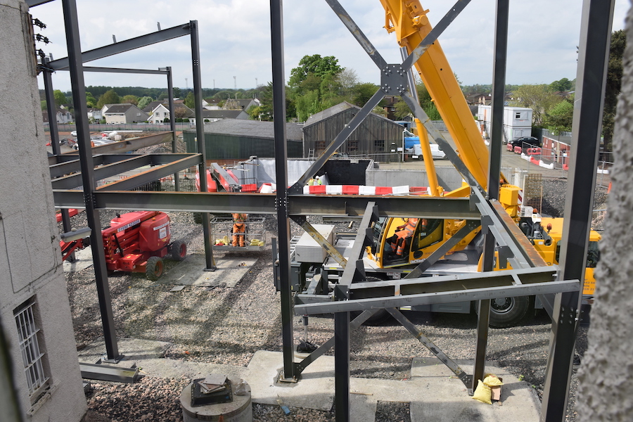 A view of the new building's steel frame.