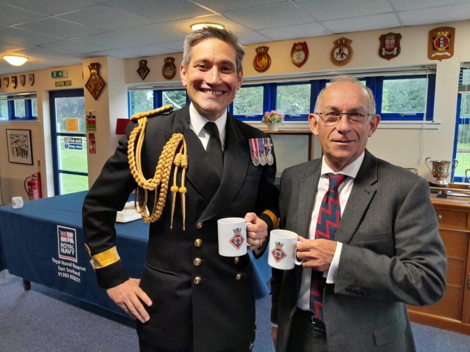 Commodore Tom Knowles (left) and Colonel (Retd) Jim Kinloch in the mess at HMS Scotia.