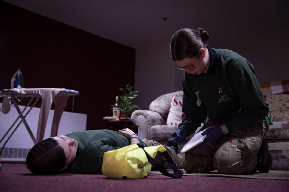 Dollar Academy CCF took part in the National First Aid competition at Greater Manchester Fire and Rescue Service's Training and Safety Centre. Two team members are pictured during a first aid serial.