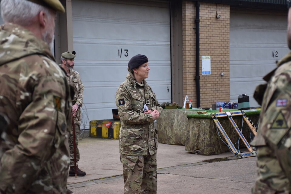 Brigadier Brooks addressing the troops outside Oliver Barracks.