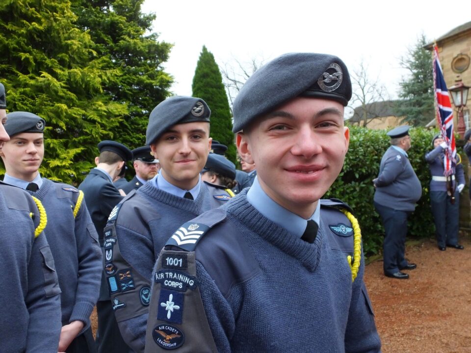 A group of Royal Air Force Air Cadet instructors outside Hamilton Old Parish Church.