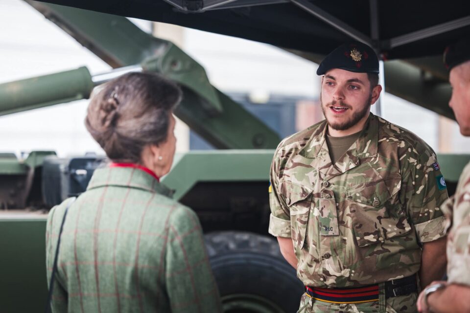 The Princess Royal being introduced to a member of 154 (Scottish) Regiment Royal Logistics Corps.